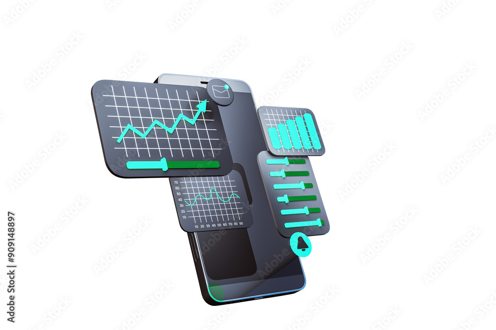 Poster Smartphone displaying financial trading graphs and charts, isolated on a white background. Concept of forex trading and data analysis. 3D Rendering