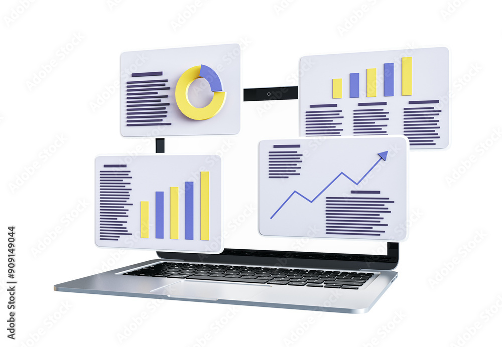 Leinwandbilder Laptop with multiple financial charts and graphs displayed on floating screens. Isolated on white background. Concept of business analysis. 3D Rendering
