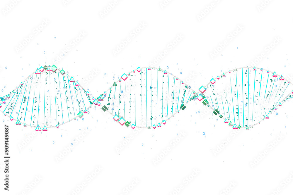 Poster Abstract, colorful DNA double helix with binary code elements, on a white background, concept of genetics and data science. 3D Rendering
