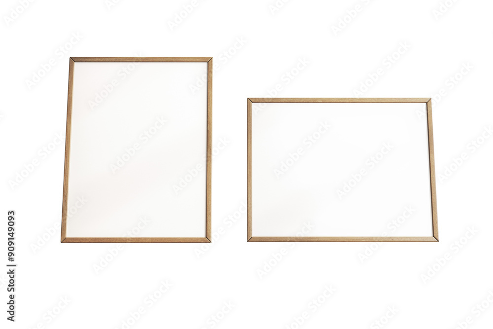 Poster Two wooden picture frames with blank spaces, isolated on a white background. Clean design. Concept of art display. 3D Rendering