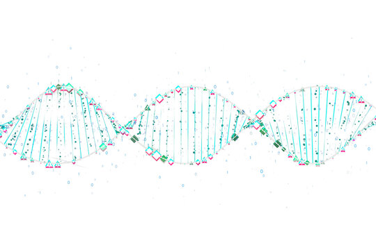 Abstract, colorful DNA double helix with binary code elements, on a white background, concept of genetics and data science. 3D Rendering