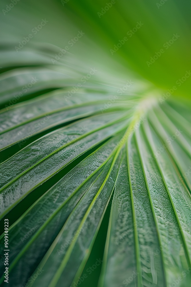 Poster a close-up of the edge and center parting line on an intricate palm leaf, capturing its vibrant gree