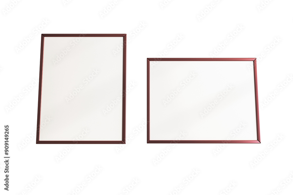 Poster Two red frames, one rectangular and one square, isolated on a white background. Design elements for mockup or template layouts. 3D Rendering