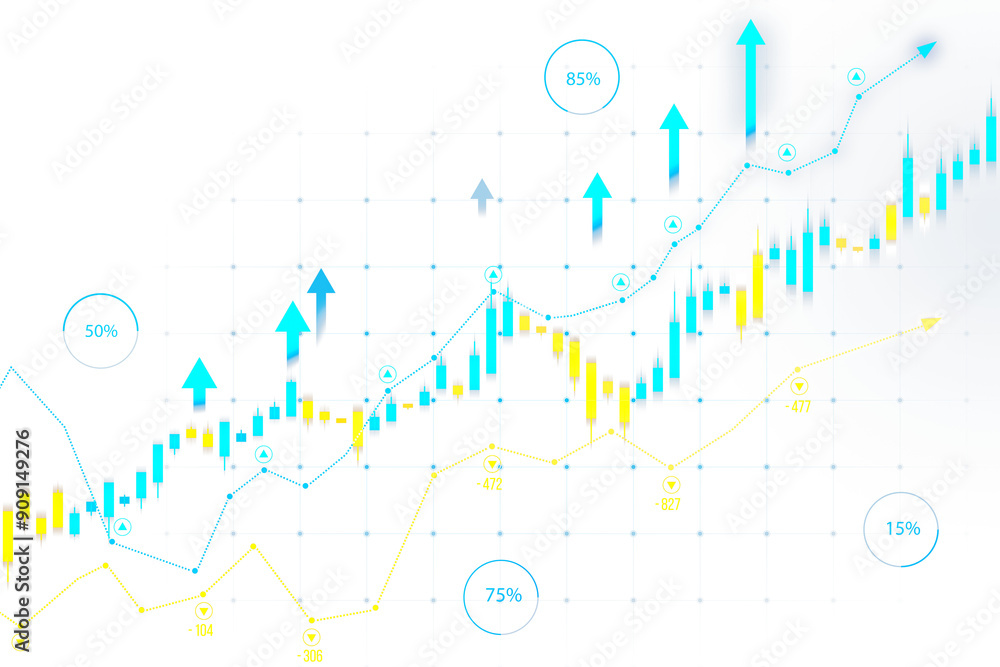 Poster financial chart showcasing an upward trend with candlestick patterns, blue arrows, and percentage da