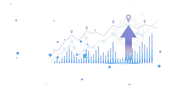Financial chart with an upward arrow and data points on a white background, symbolizing market growth and financial trends. 3D Rendering