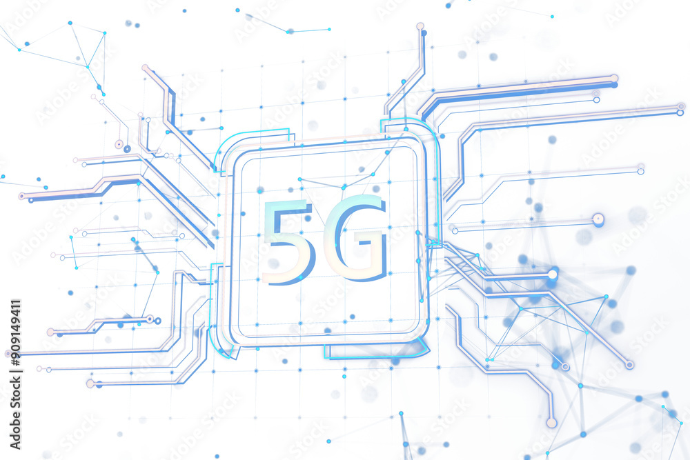 Poster Abstract image of 5G technology symbol with blue circuit lines on a white background. Represents modern communication concept. 3D Rendering