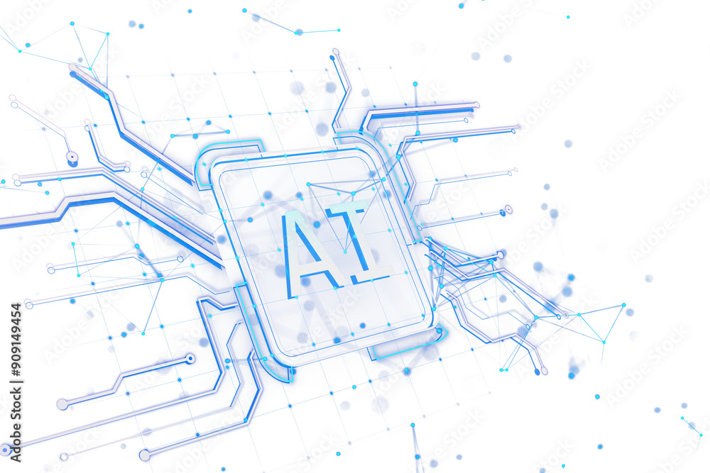 Leinwandbilder A 3D rendering of an AI chip with blue circuit connections on a white background, symbolizing artificial intelligence and technology