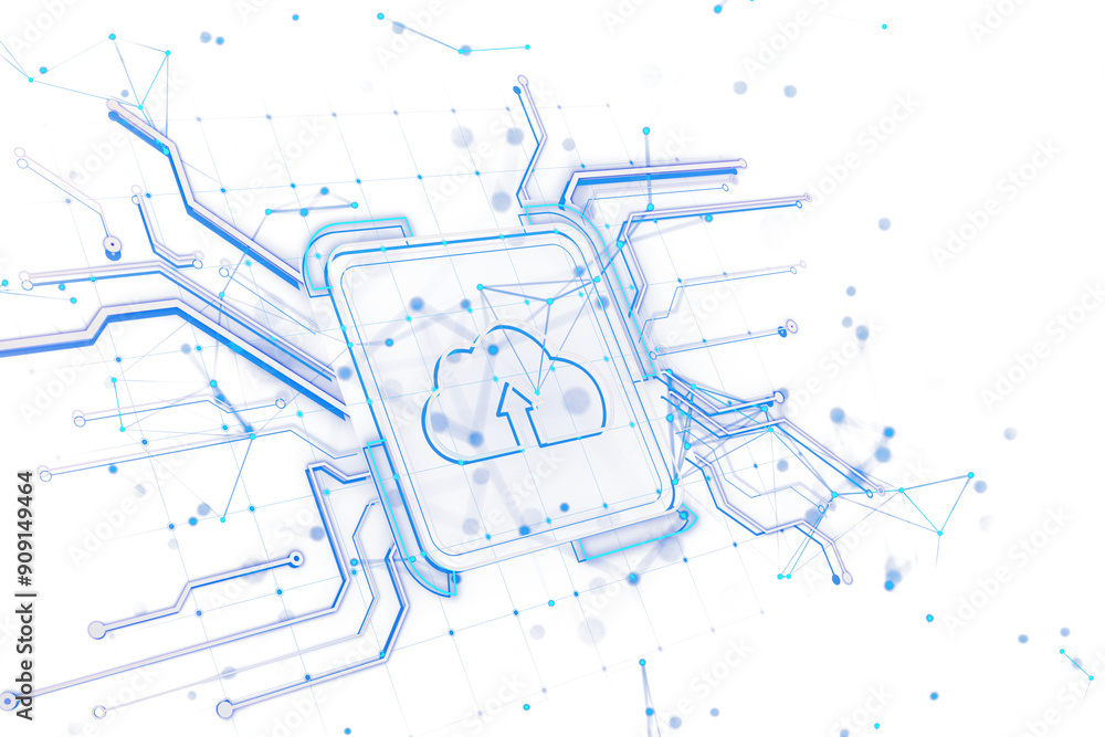 Leinwandbilder Abstract cloud computing technology with blue wireframe graphics and nodes on a white background. Concept of digital data storage system. 3D Rendering