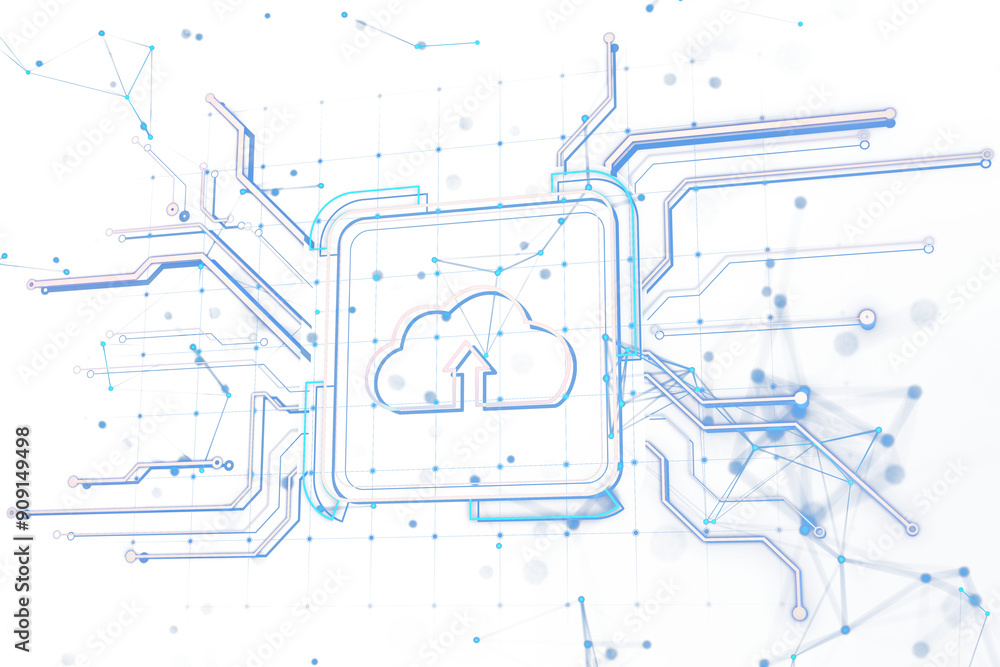 Fototapete Abstract cloud computing network system illustration with blue lines and nodes on a white background. Concept of data storage and digital technology. 3D Rendering