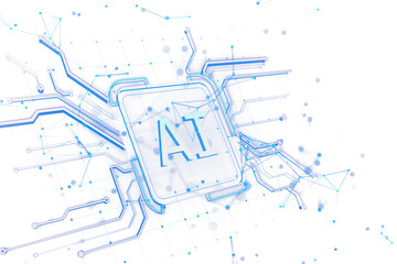 A 3D rendering of an AI chip with blue circuit connections on a white background, symbolizing artificial intelligence and technology