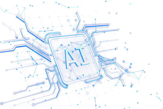 A 3D rendering of an AI chip with blue circuit connections on a white background, symbolizing artificial intelligence and technology