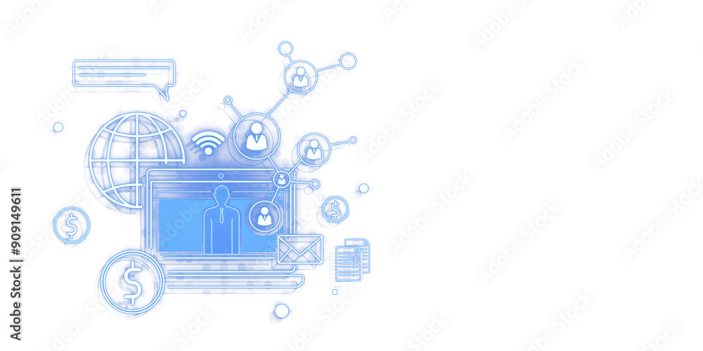 Poster Digital blue icons illustrating communication and network elements on a white background. Concept of global business technology. 3D Rendering