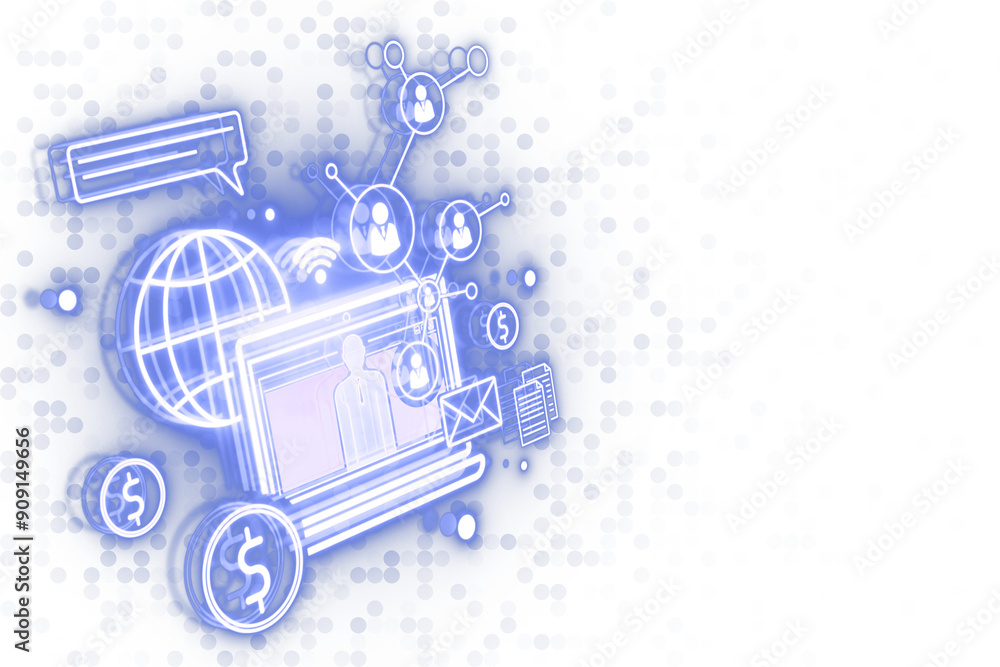 Poster digital business icons in blue neon style on a dotted white background. concept of modern technology