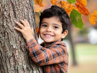 Young Child Joyfully Embracing a Tree Amidst Autumn Foliage