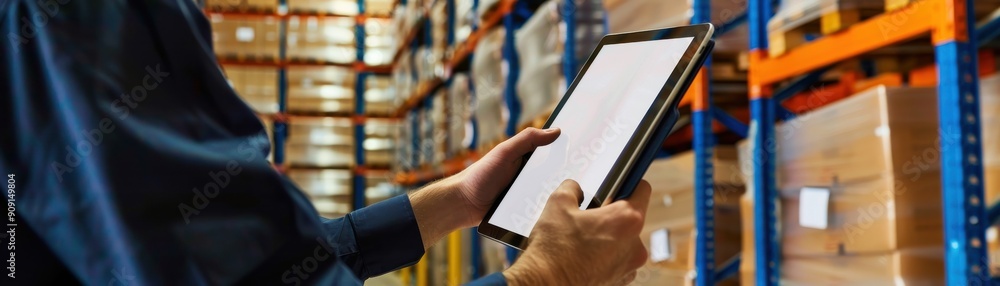 Poster warehouse worker using tablet to manage inventory in storage facility, ensuring efficient logistics 