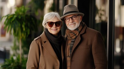 Senior Couple Smiling Outdoors in Stylish Winter Coats During Daytime
