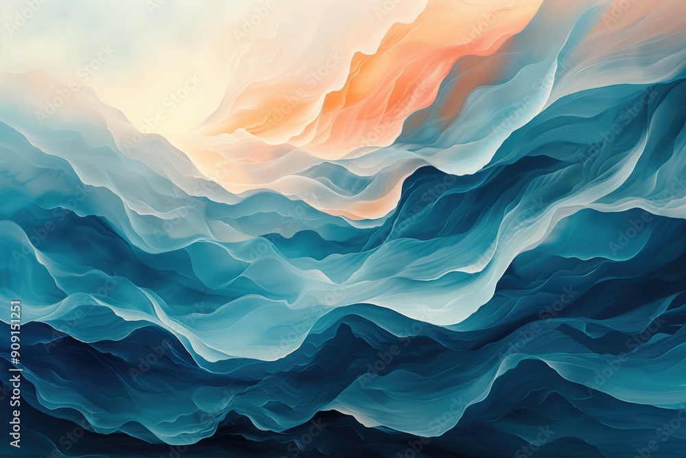 Poster abstract background of layered, flowing waves in cool and warm tones portraying movement and depth.