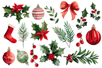 Watercolor illustration set of classic Christmas decorations including holly, ornaments, and festive greenery. Classic Christmas Decorations Watercolor Set

