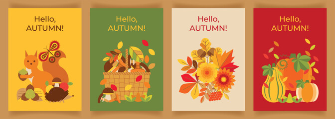 Set of autumn backgrounds with elements of nature, forest animals, mushrooms, leaves, flowers and pumpkin. Beautiful decorative poster with autumn symbols. Banner, flyer, postcard, invitation