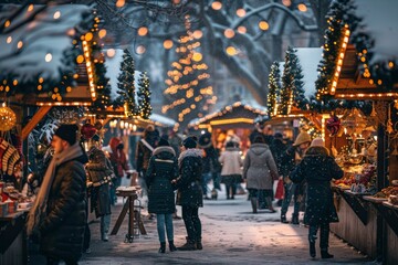 A bustling outdoor Christmas market at dusk, with snow gently falling. People browse festive stalls adorned with lights, decorations, and holiday cheer, creating a warm and vibrant atmosphere.