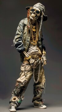 Urban Skeleton Dressed in Fashionable Streetwear Standing Confidently Against a Dark Background