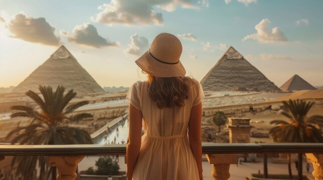 A woman gazes at the majestic pyramids during a beautiful sunset in Egypt