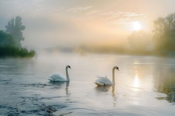 Fototapeta premium A couple of white swans floating on top of a lake in the morning mist. Generative AI