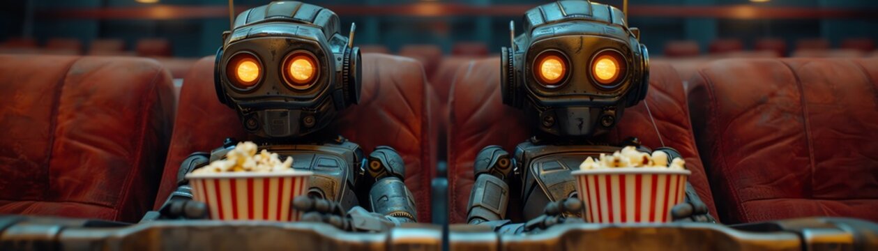 Two retro robots with glowing eyes eating popcorn in a cinema, dim theater lighting, closeup shot
