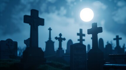 A cemetery at night, with moonlight casting shadows on the graves and a sense of quiet reverence 