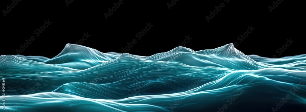 Poster abstract blue wave pattern with smooth curves and lines on a dark background.