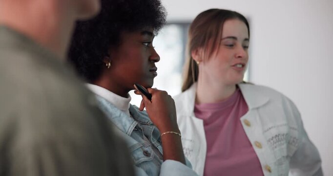 College, students or thinking in class with board for studying, help and solution for math, learning and ideas. Men, women or people in group for education, physics or development at university