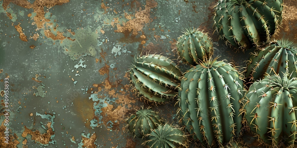 Poster a bunch of cacti are on a green background. the cacti are all different sizes and shapes