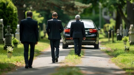 A funeral procession with a hearse leading, followed by family and friends, walking through a peaceful cemetery 