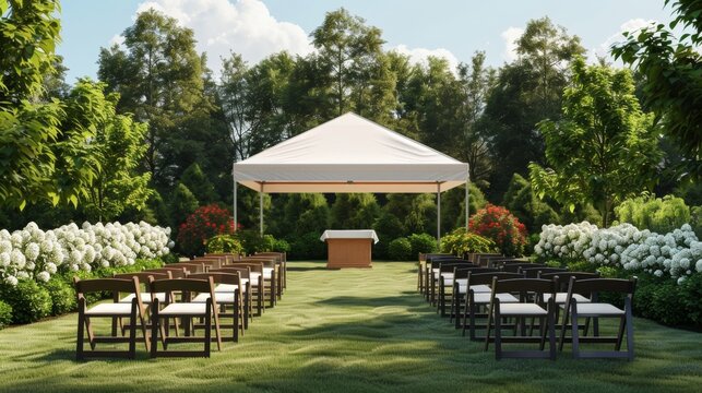 A graveside funeral service with a tent, chairs, and a podium, mourners gathered, and a casket ready for burial 