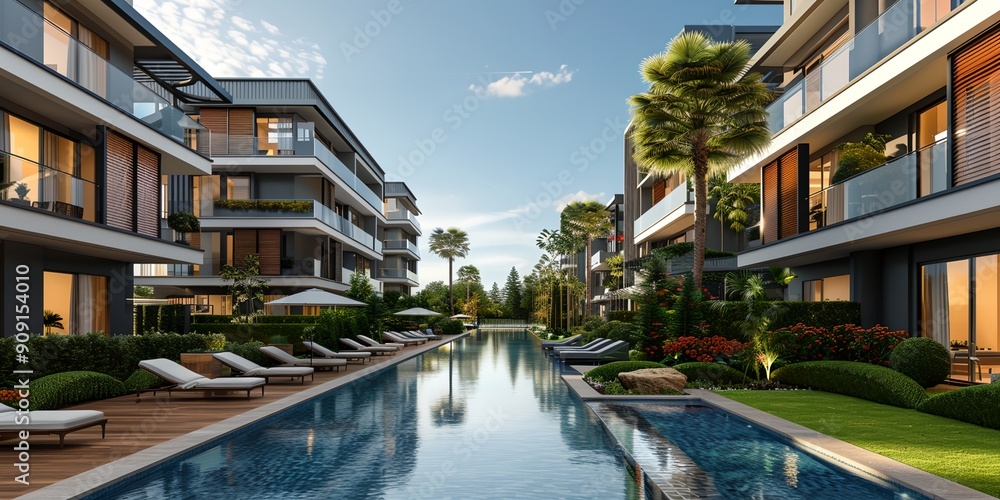 Aufkleber a long pool with a walkway and a row of lounge chairs. the pool is surrounded by trees and buildings