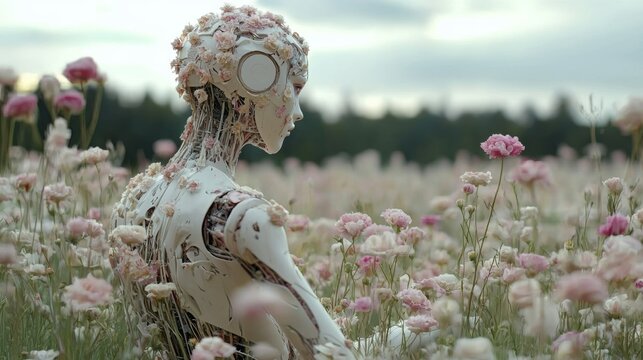 the robot stands in a field of flowers. AI technologies in the modern world of the future. android and nature