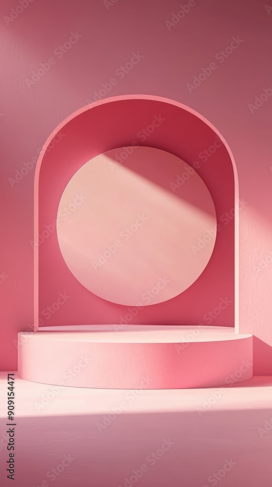 Poster pink pedestal with circular element in minimalist design