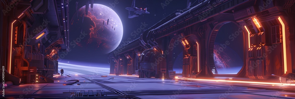 Poster a space station with a large planet in the background. the planet is surrounded by many spaceships