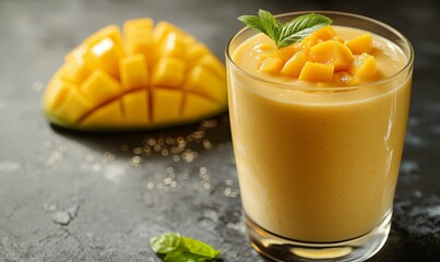A glass of creamy mango smoothie accompanied by fresh mango slices.