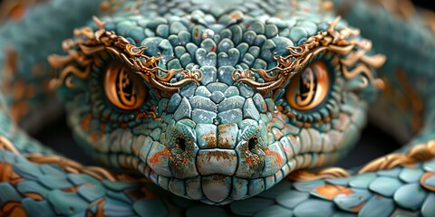 Fototapeta premium A snake with a blue head and gold eyes. The snake has a menacing look on its face