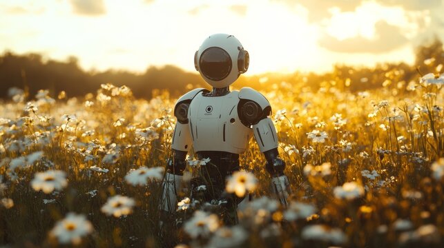 the robot stands in a field of flowers. AI technologies in the modern world of the future. android and nature
