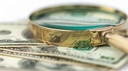 A stack of counterfeit money with a magnifying glass highlighting a fake bill, isolated on a white background 