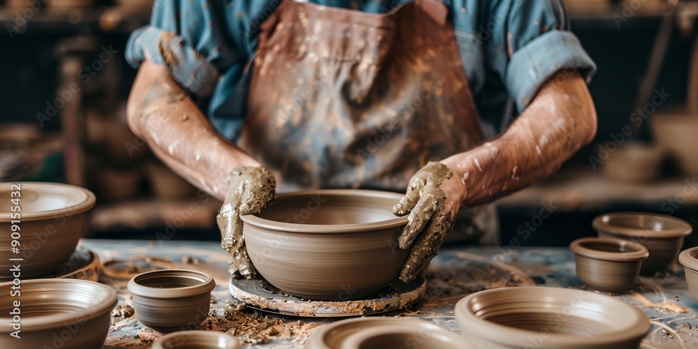 Poster a man is making pottery in a studio. he is wearing an apron and gloves. there are several bowls and 