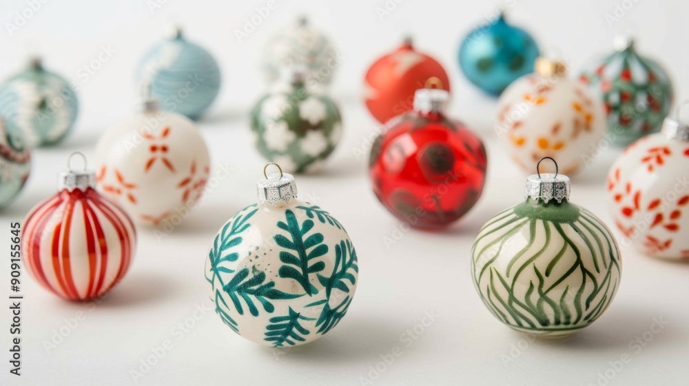 Canvas Prints Close-up of vintage glass ball ornaments with hand-painted designs isolated on a white background 