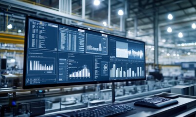 Obraz premium Abstract Data-Driven Manufacturing: Factory Analytics Dashboard Displaying Production Statistics and Performance Metrics. Innovative Visualization of Industrial Efficiency and Smart Manufacturing Con