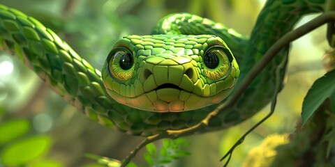 Fototapeta premium A green snake with its head up and looking at the camera. The snake is in a jungle setting