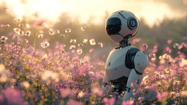 the robot stands in a field of flowers. AI technologies in the modern world of the future. android and nature