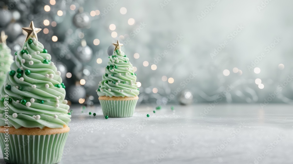 Sticker Closeup of a Christmas tree made from layered cupcakes, decorated with green frosting and sprinkles, on a gradient background from white to silver 