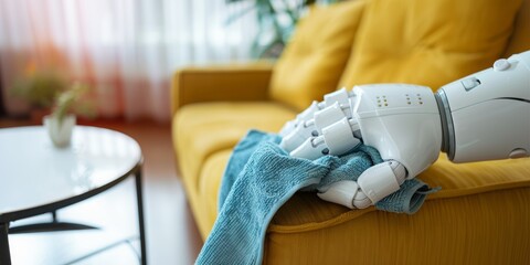 Close up robot hand with cleaning rag. Ai generative art