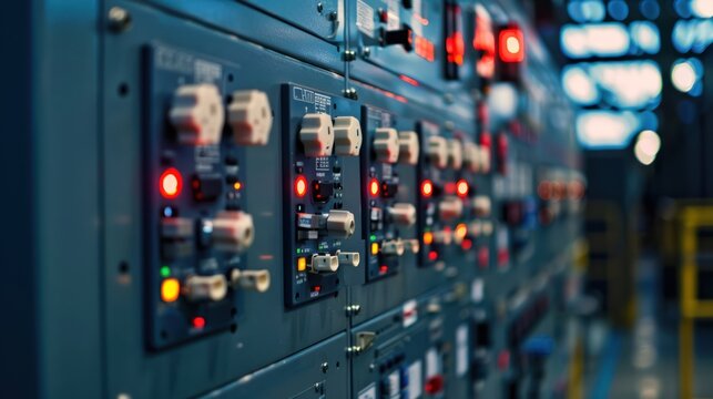 High voltage electrical panel, switch board electrical background, close up view.